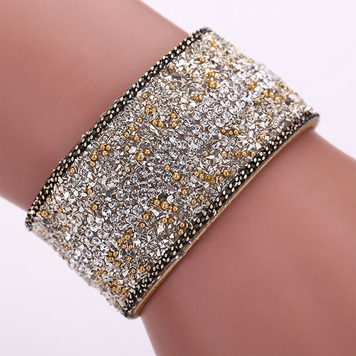 Women's Faux Leather Shiny Rhinestone Bangle Metal Button Wide Band Bracelet