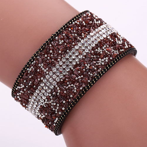 Women's Faux Leather Shiny Rhinestone Bangle Metal Button Wide Band Bracelet