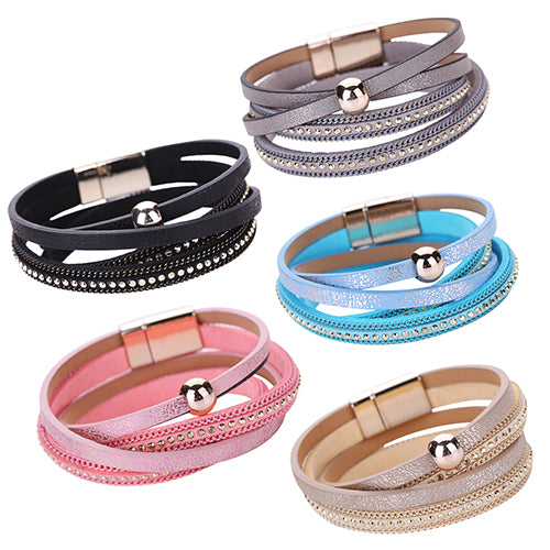 Women Faux Leather Multilayer Punk Magnetic Buckle Cuff Chain Bracelet Bangle