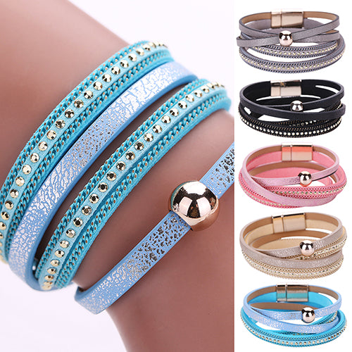 Women Faux Leather Multilayer Punk Magnetic Buckle Cuff Chain Bracelet Bangle