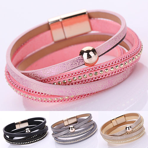 Women Faux Leather Multilayer Punk Magnetic Buckle Cuff Chain Bracelet Bangle