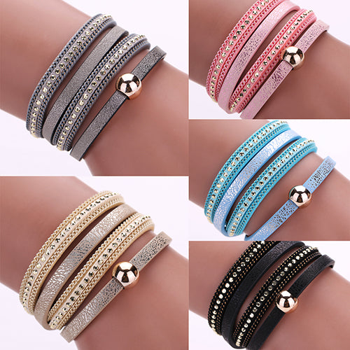 Women Faux Leather Multilayer Punk Magnetic Buckle Cuff Chain Bracelet Bangle