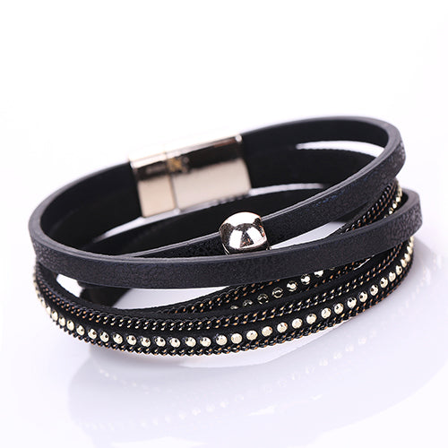 Women Faux Leather Multilayer Punk Magnetic Buckle Cuff Chain Bracelet Bangle