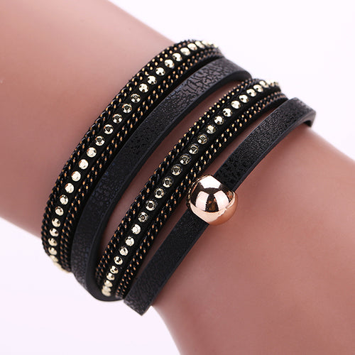 Women Faux Leather Multilayer Punk Magnetic Buckle Cuff Chain Bracelet Bangle