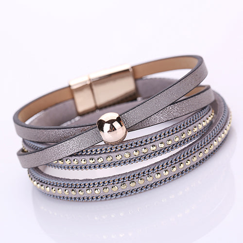 Women Faux Leather Multilayer Punk Magnetic Buckle Cuff Chain Bracelet Bangle