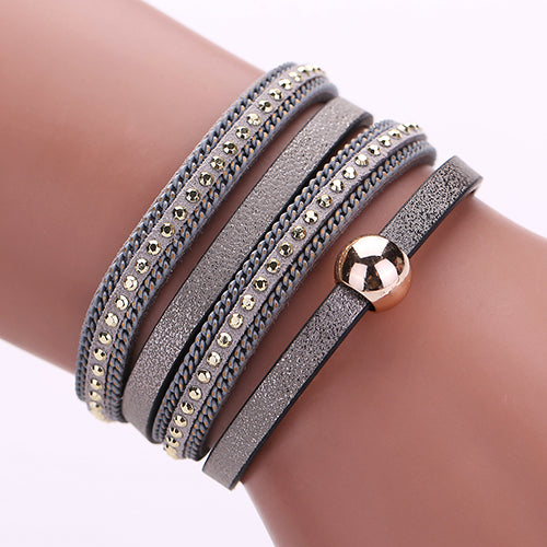 Women Faux Leather Multilayer Punk Magnetic Buckle Cuff Chain Bracelet Bangle