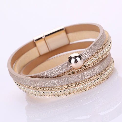 Women Faux Leather Multilayer Punk Magnetic Buckle Cuff Chain Bracelet Bangle