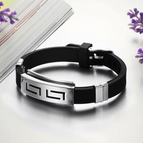Fashion Men Punk Rubber Stainless Steel Wristband Clasp Cuff Bangle Bracelet