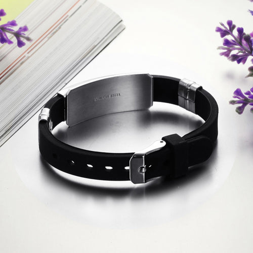 Fashion Men Punk Rubber Stainless Steel Wristband Clasp Cuff Bangle Bracelet
