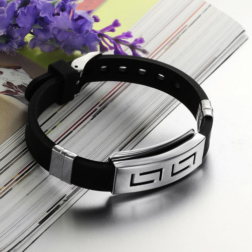 Fashion Men Punk Rubber Stainless Steel Wristband Clasp Cuff Bangle Bracelet
