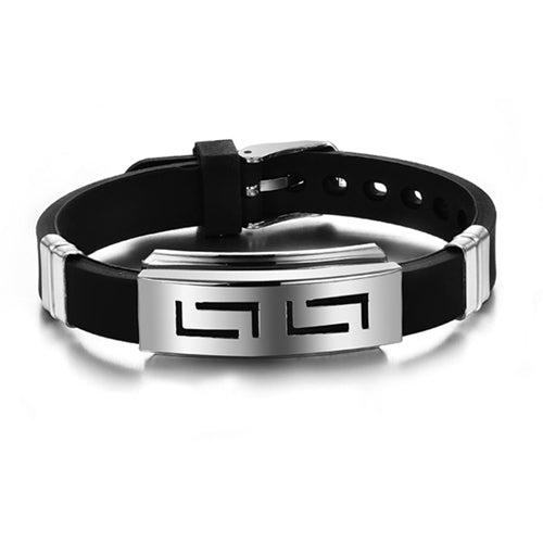 Fashion Men Punk Rubber Stainless Steel Wristband Clasp Cuff Bangle Bracelet