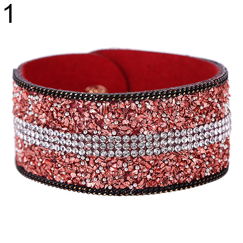 Women's Faux Leather Shiny Rhinestone Bangle Metal Button Wide Band Bracelet