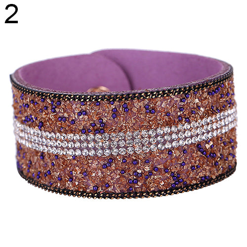 Women's Faux Leather Shiny Rhinestone Bangle Metal Button Wide Band Bracelet