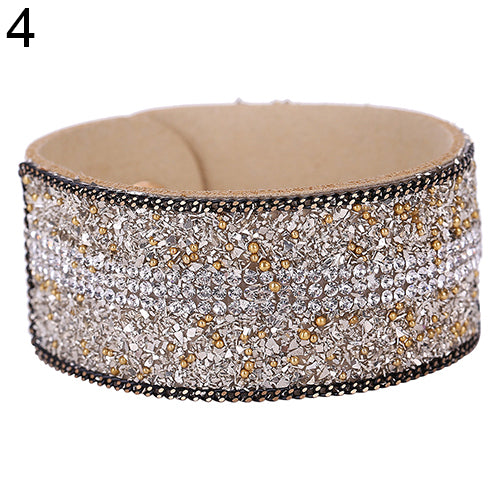 Women's Faux Leather Shiny Rhinestone Bangle Metal Button Wide Band Bracelet