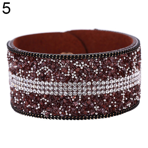 Women's Faux Leather Shiny Rhinestone Bangle Metal Button Wide Band Bracelet