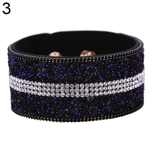 Women's Faux Leather Shiny Rhinestone Bangle Metal Button Wide Band Bracelet