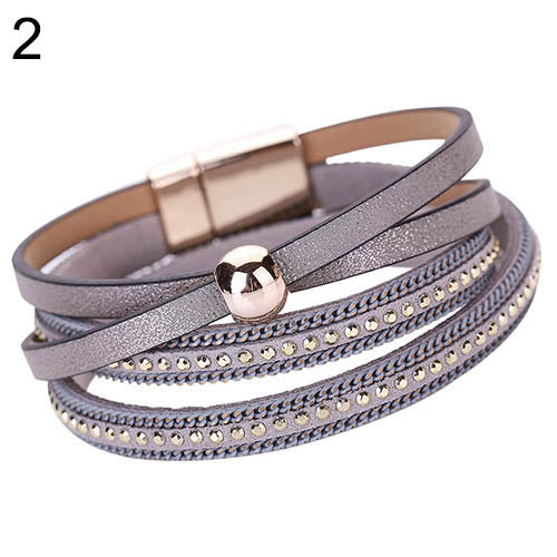 Women Faux Leather Multilayer Punk Magnetic Buckle Cuff Chain Bracelet Bangle