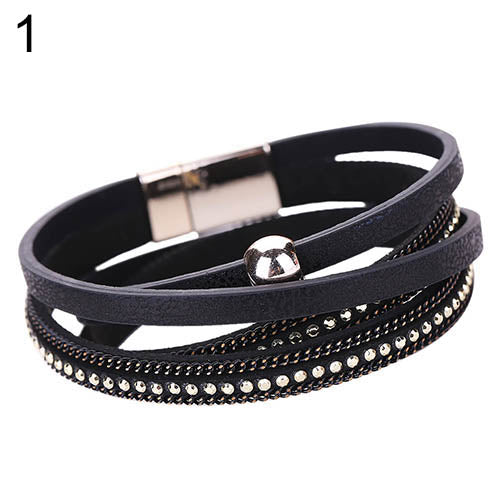 Women Faux Leather Multilayer Punk Magnetic Buckle Cuff Chain Bracelet Bangle