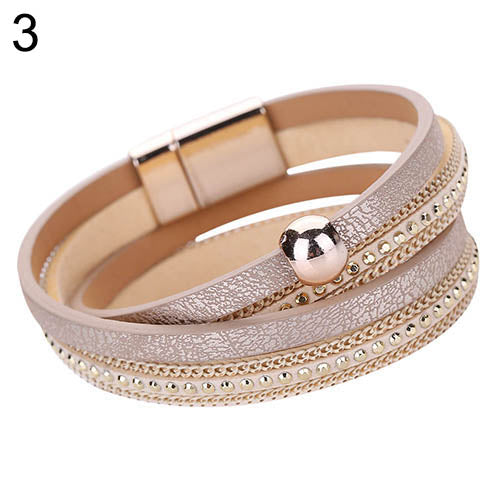 Women Faux Leather Multilayer Punk Magnetic Buckle Cuff Chain Bracelet Bangle