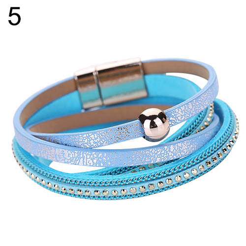 Women Faux Leather Multilayer Punk Magnetic Buckle Cuff Chain Bracelet Bangle