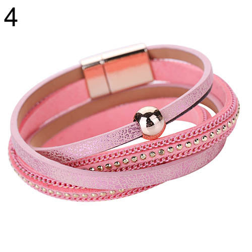 Women Faux Leather Multilayer Punk Magnetic Buckle Cuff Chain Bracelet Bangle