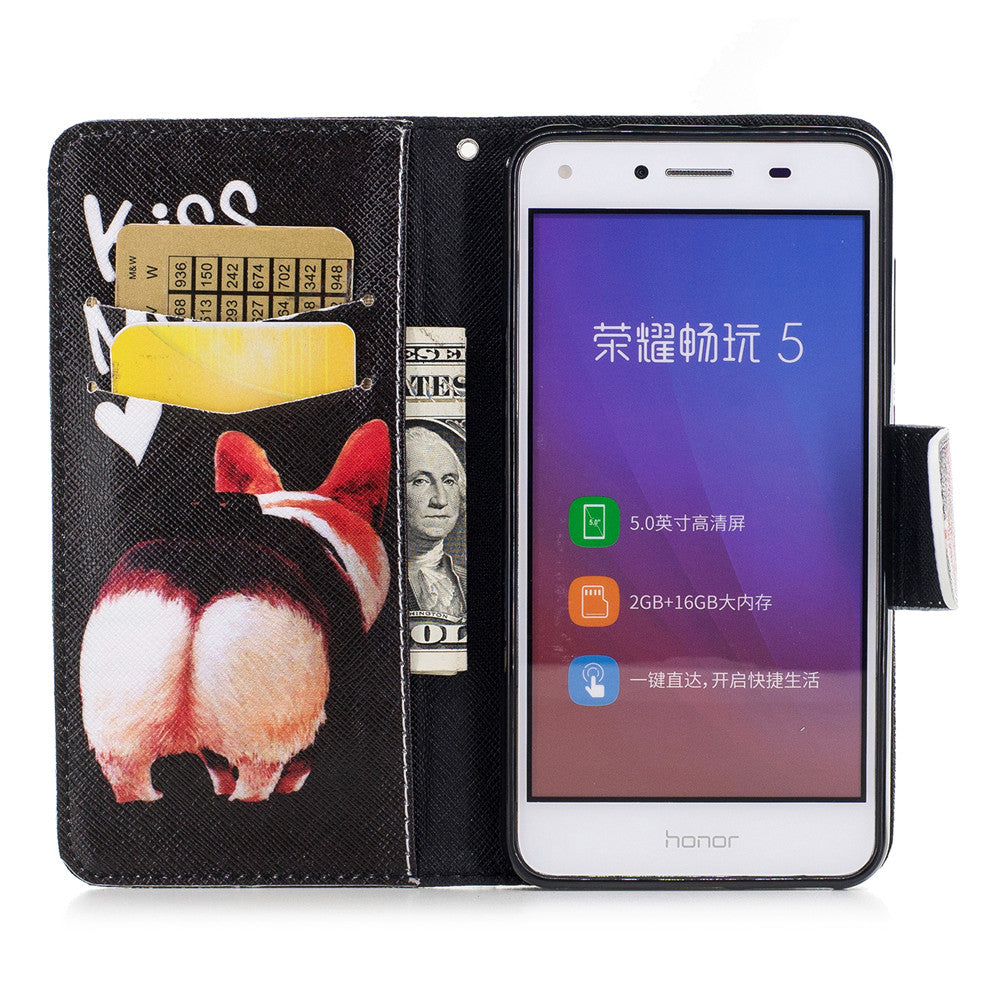 Huawei Y5II Case Pattern Printed Flip Magnetic Wallet Card Slot Soft Protective Cover for Huawei Y5II