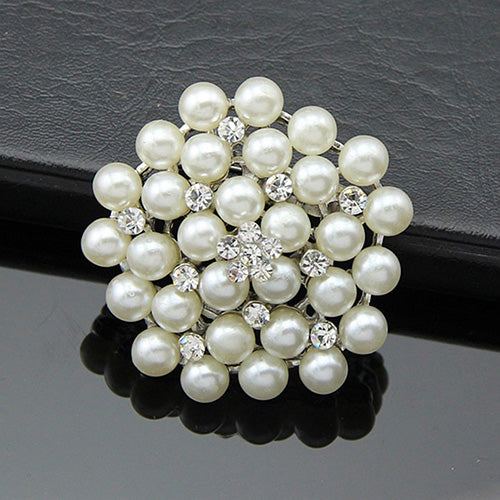 Women Fashion Faux Pearl Rhinestone Flower Brooch Pin Wedding Party Jewelry Gift
