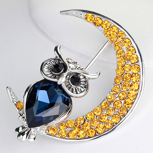 Women Fashion Rhinestone Owl Moon Brooch Jewelry Clothing Accessories Xmas Gift