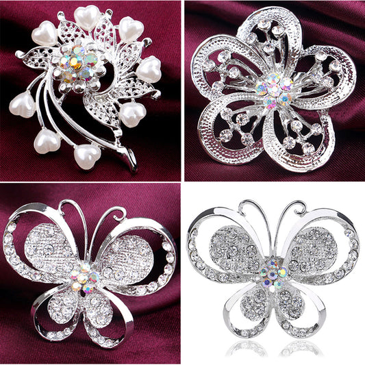 Silver Plated Alloy Flower Rhinestone Brooch Pin Wedding Bridal Party Jewelry