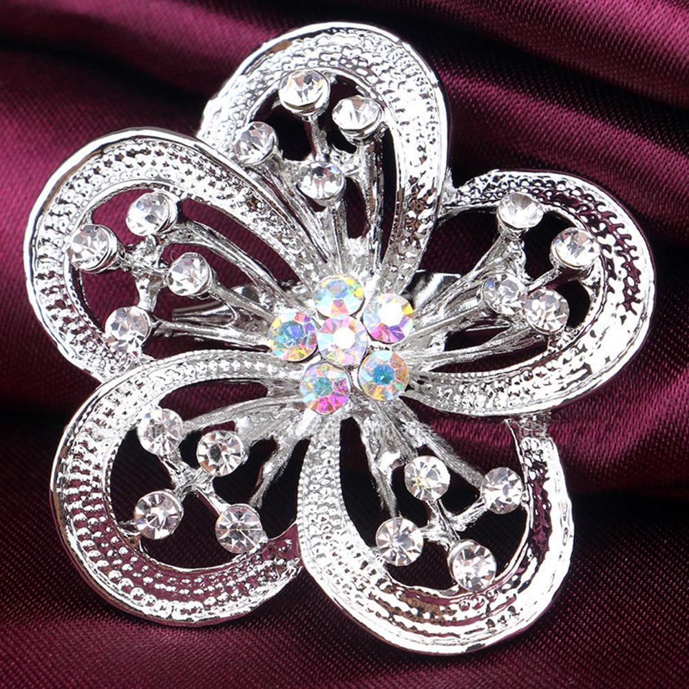 Silver Plated Alloy Flower Rhinestone Brooch Pin Wedding Bridal Party Jewelry