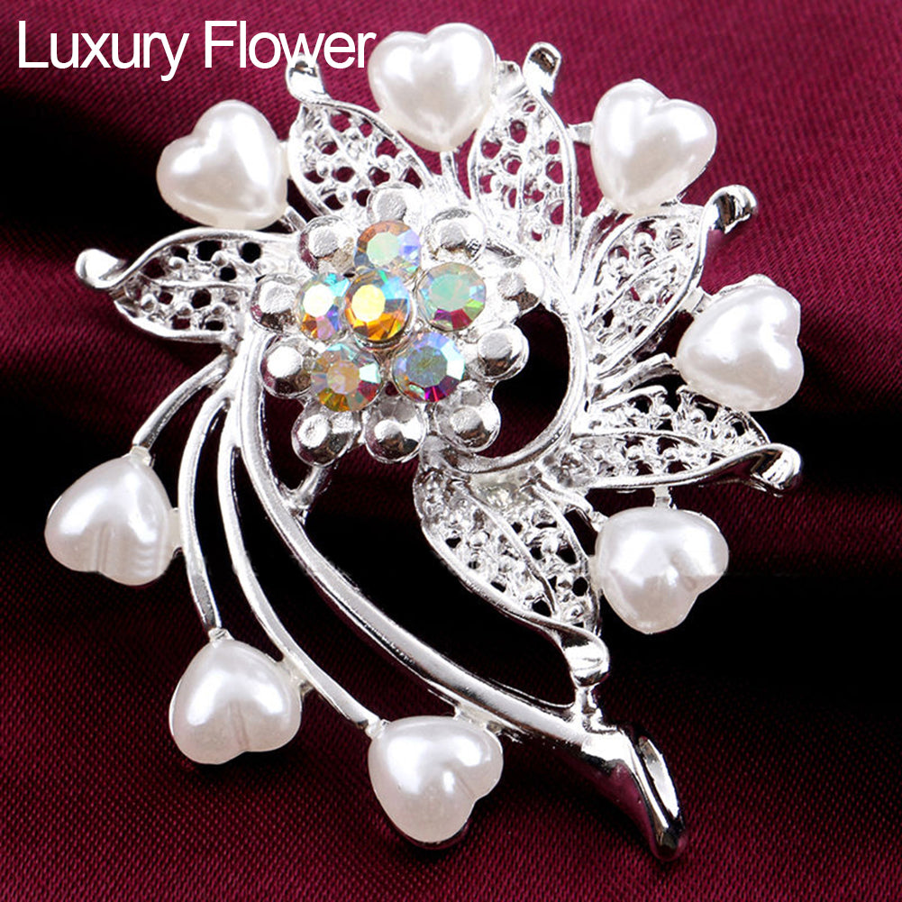 Silver Plated Alloy Flower Rhinestone Brooch Pin Wedding Bridal Party Jewelry