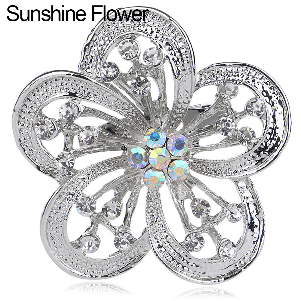 Silver Plated Alloy Flower Rhinestone Brooch Pin Wedding Bridal Party Jewelry