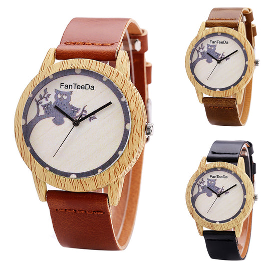 Women's Cute Cartoon Owl Branch Wood Grain Case Faux Leather Quartz Wrist Watch