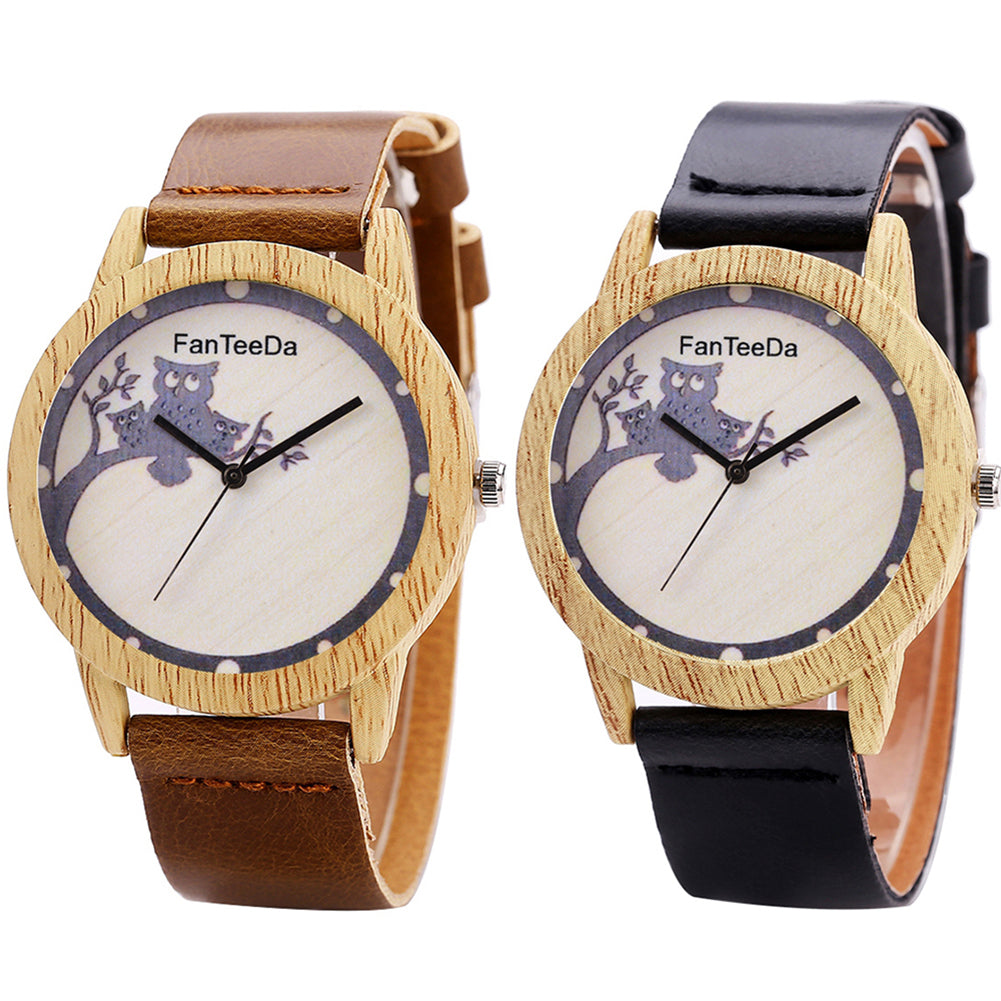 Women's Cute Cartoon Owl Branch Wood Grain Case Faux Leather Quartz Wrist Watch