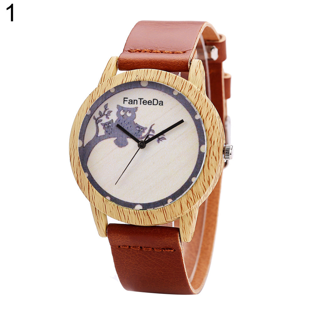 Women's Cute Cartoon Owl Branch Wood Grain Case Faux Leather Quartz Wrist Watch