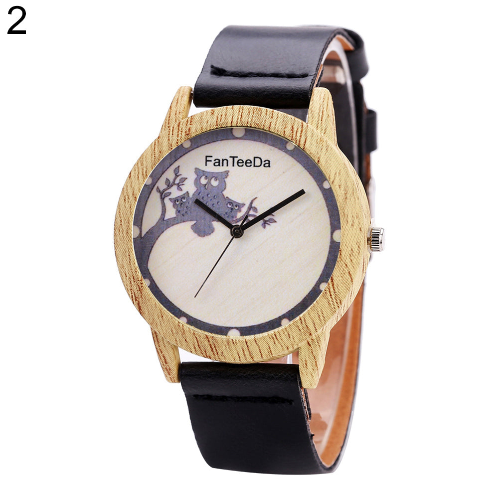 Women's Cute Cartoon Owl Branch Wood Grain Case Faux Leather Quartz Wrist Watch