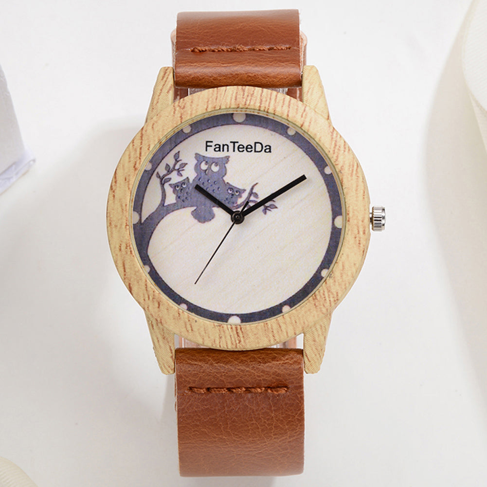 Women's Cute Cartoon Owl Branch Wood Grain Case Faux Leather Quartz Wrist Watch