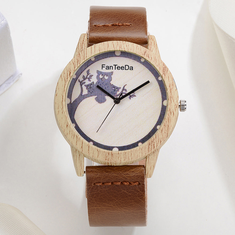 Women's Cute Cartoon Owl Branch Wood Grain Case Faux Leather Quartz Wrist Watch