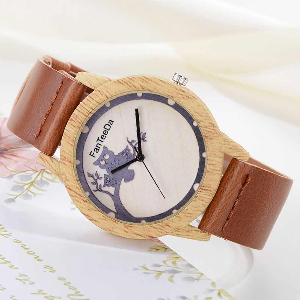 Women's Cute Cartoon Owl Branch Wood Grain Case Faux Leather Quartz Wrist Watch