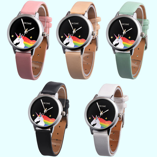 Girls Casual Cartoon Unicorn Faux Leather Quartz Student Children Wrist Watch
