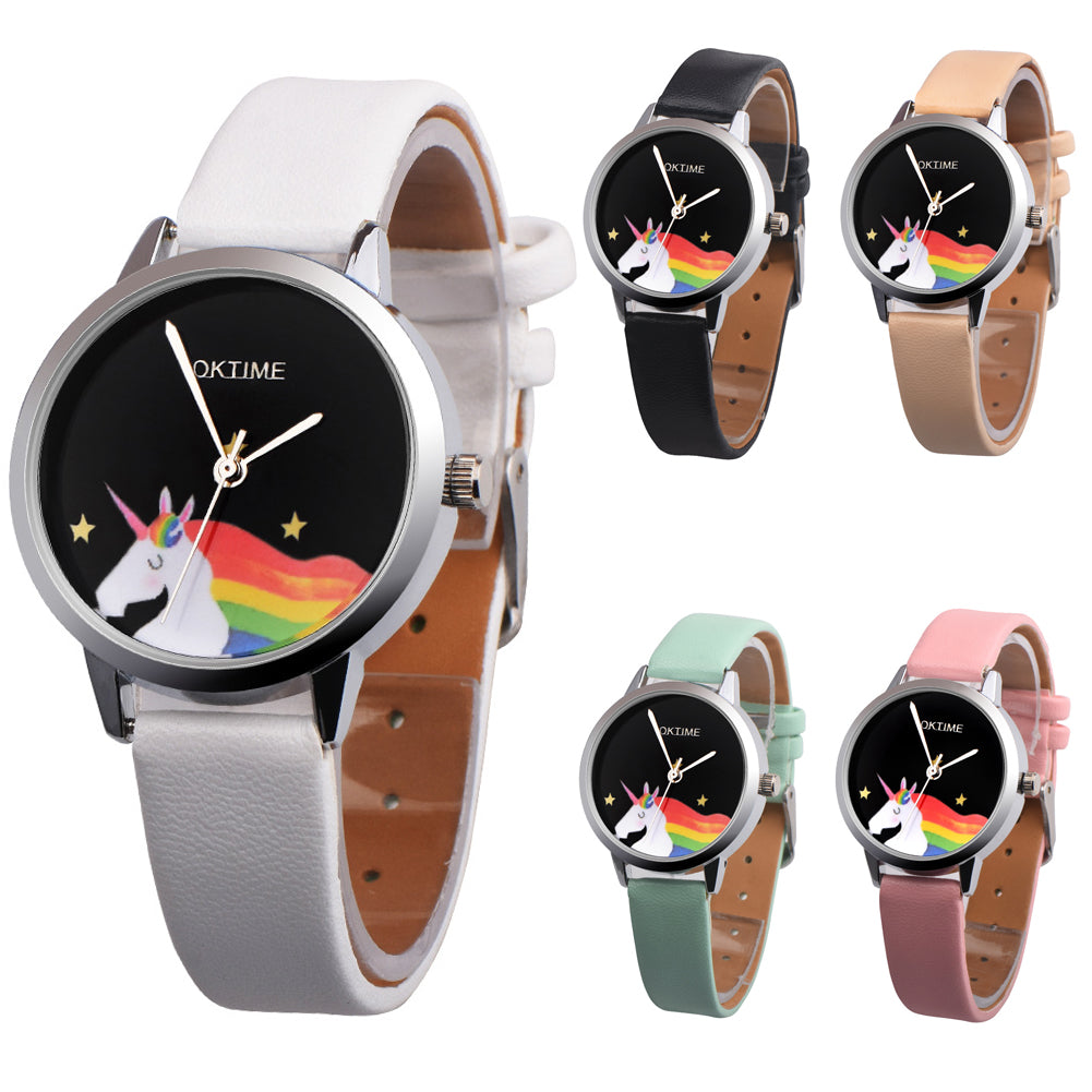 Girls Casual Cartoon Unicorn Faux Leather Quartz Student Children Wrist Watch