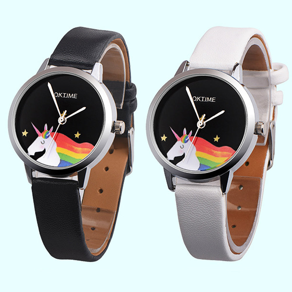 Girls Casual Cartoon Unicorn Faux Leather Quartz Student Children Wrist Watch