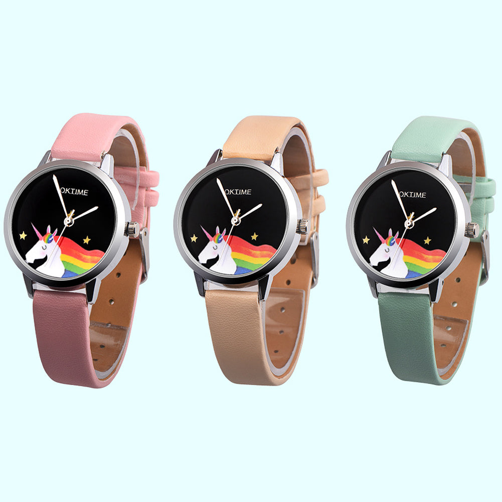 Girls Casual Cartoon Unicorn Faux Leather Quartz Student Children Wrist Watch