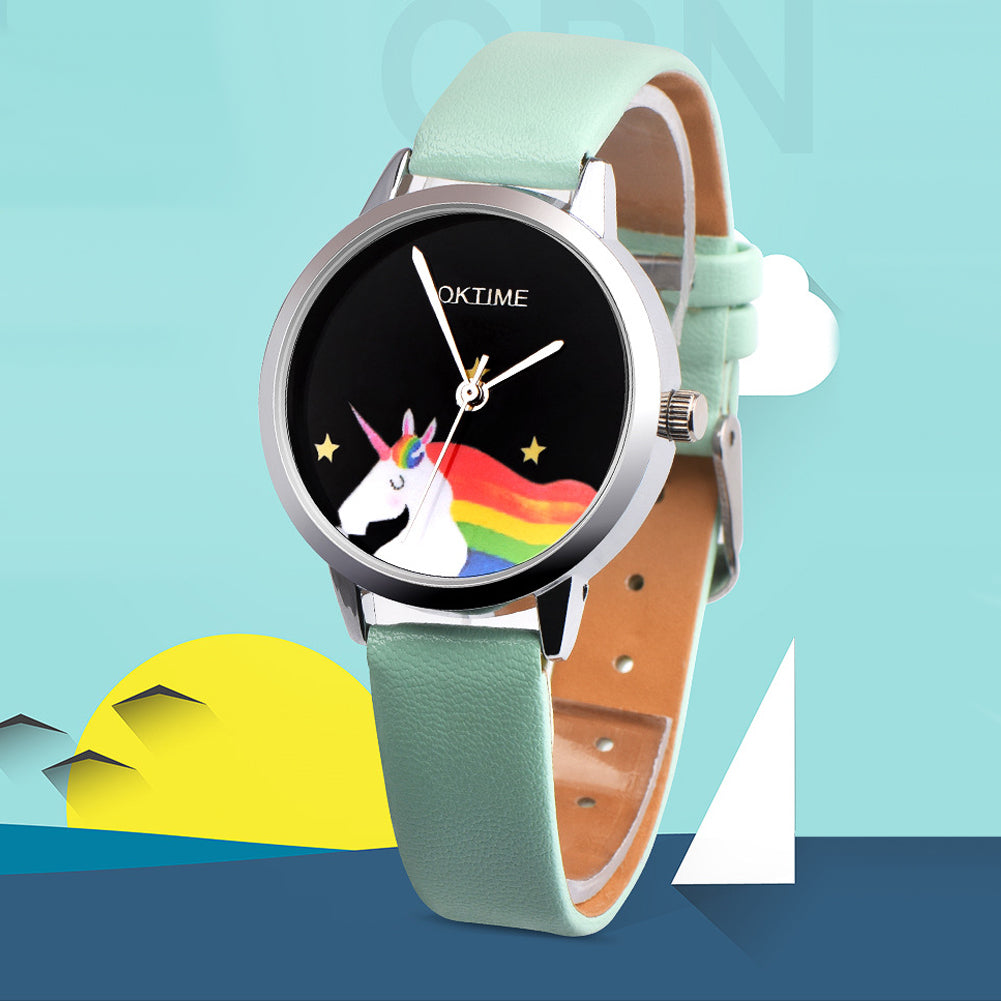 Girls Casual Cartoon Unicorn Faux Leather Quartz Student Children Wrist Watch
