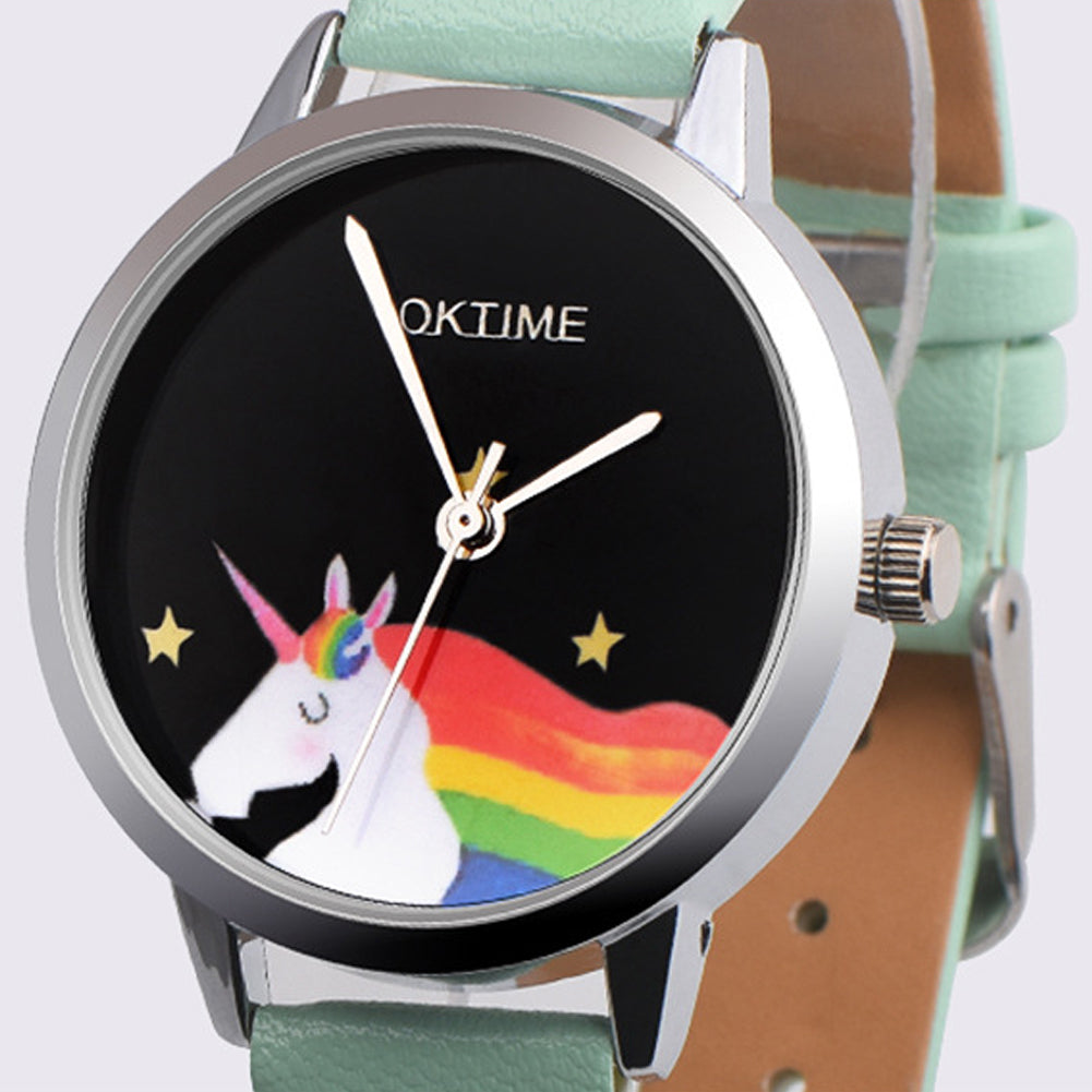 Girls Casual Cartoon Unicorn Faux Leather Quartz Student Children Wrist Watch