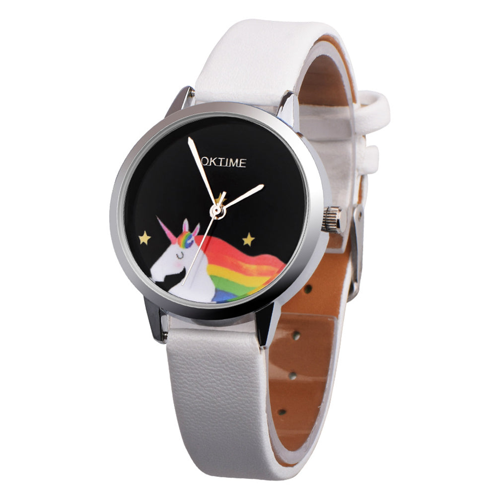 Girls Casual Cartoon Unicorn Faux Leather Quartz Student Children Wrist Watch
