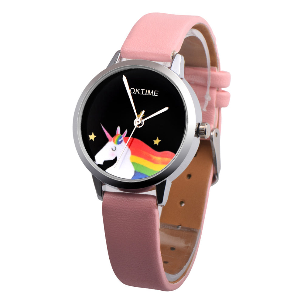 Girls Casual Cartoon Unicorn Faux Leather Quartz Student Children Wrist Watch