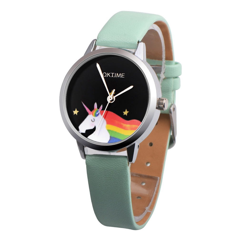 Girls Casual Cartoon Unicorn Faux Leather Quartz Student Children Wrist Watch