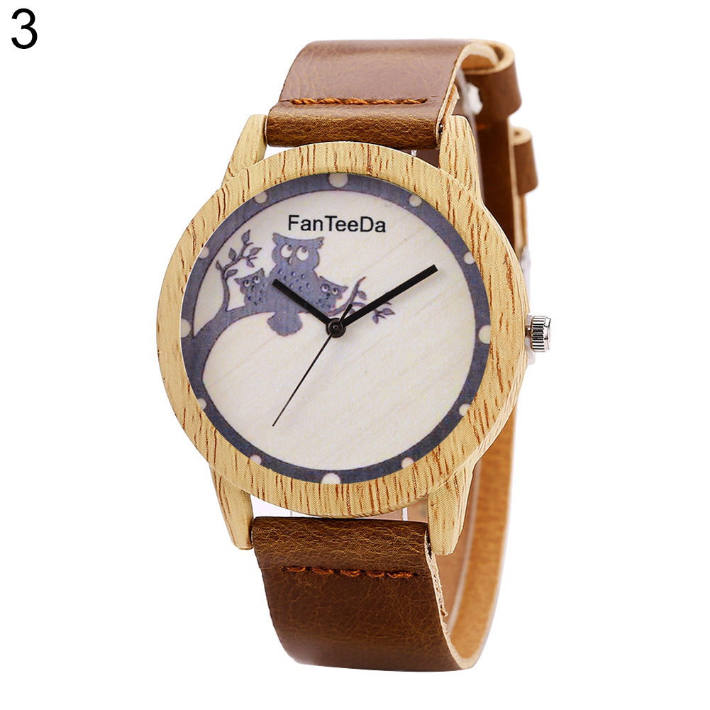 Women's Cute Cartoon Owl Branch Wood Grain Case Faux Leather Quartz Wrist Watch