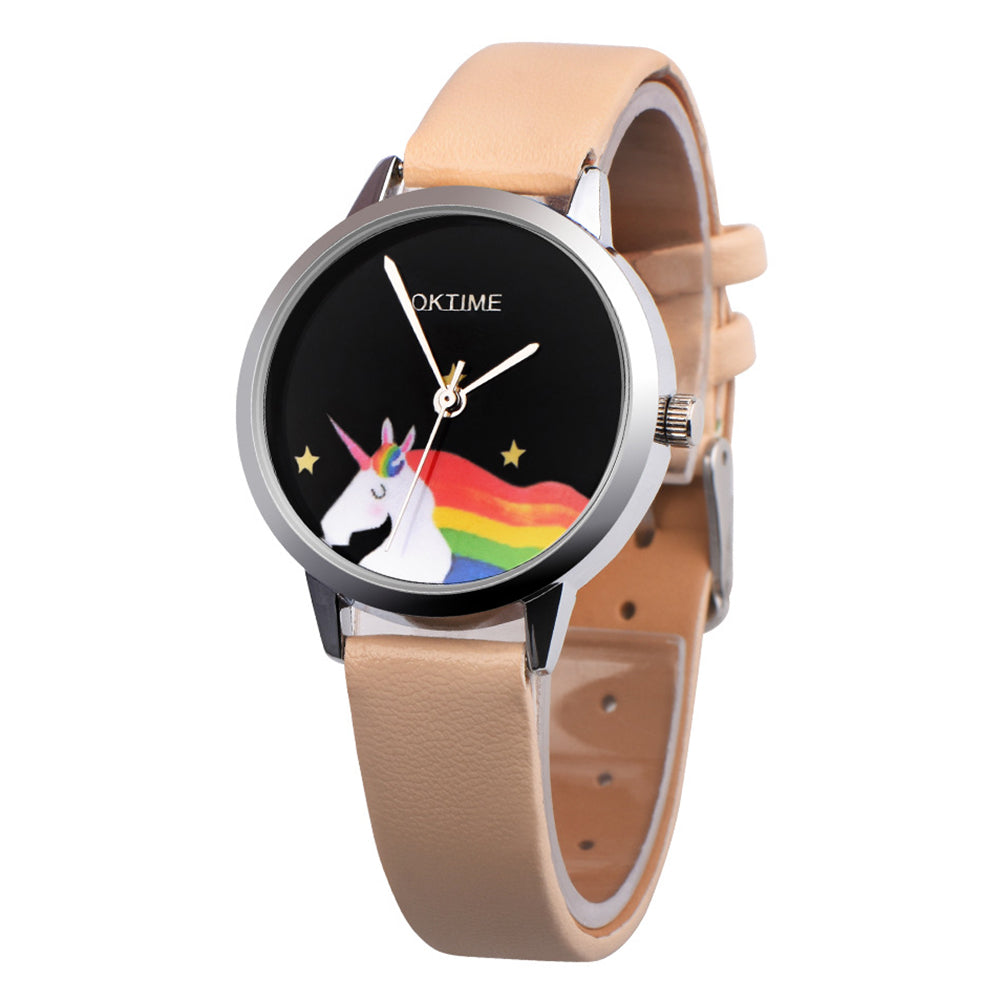 Girls Casual Cartoon Unicorn Faux Leather Quartz Student Children Wrist Watch